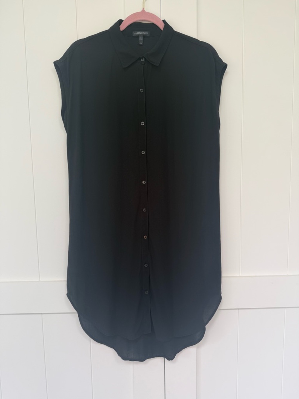 Eileen Fisher Silk Georgette Crepe Tunic Small Black Sleeveless Button Down